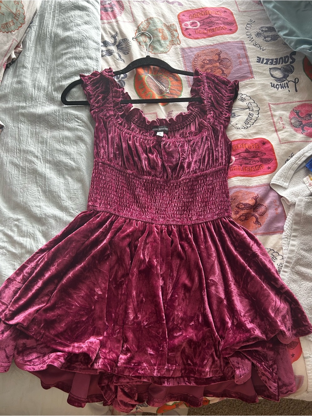 Urban Outfitters Berry Velvet Ruffle Smocked romper